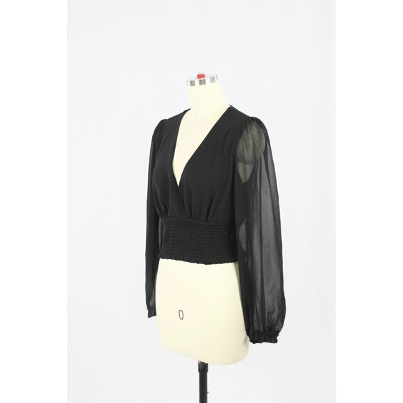 Aritzia WILFRED Wistful Black Chiffon Smocked Puff Sleeve V-Neck Blouse, Size S - Picture 4 of 15